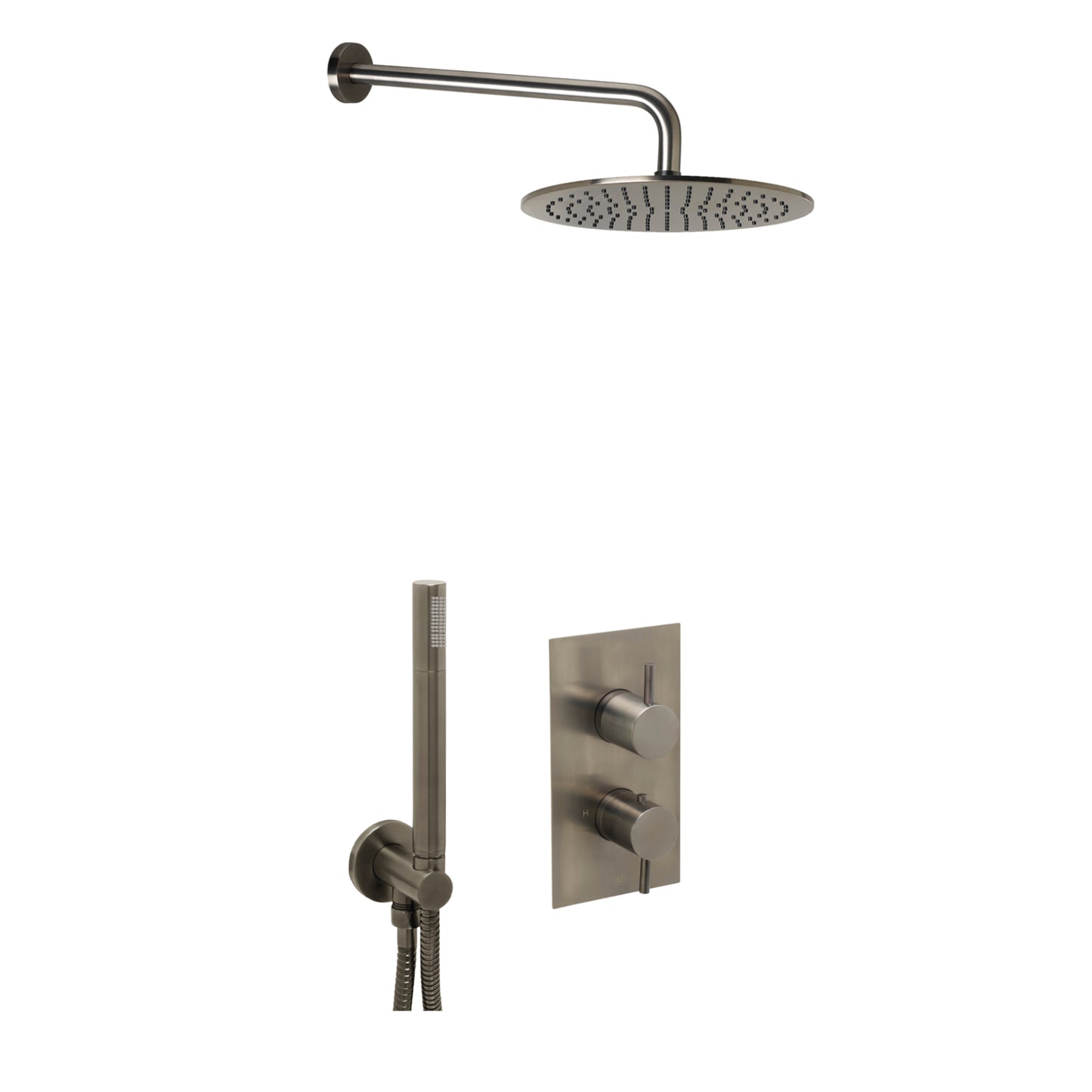 Just Taps Plus Vos Shower Combination 2 outlet Brushed Black, Shower Arm 400mm, Overhead Shower 250mm