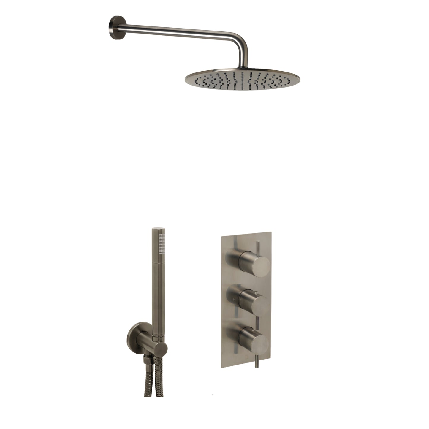 Just Taps Plus Vos Shower Combination 2 outlet Brushed Black, Overhead Shower 250mm, Shower Arm 400mm