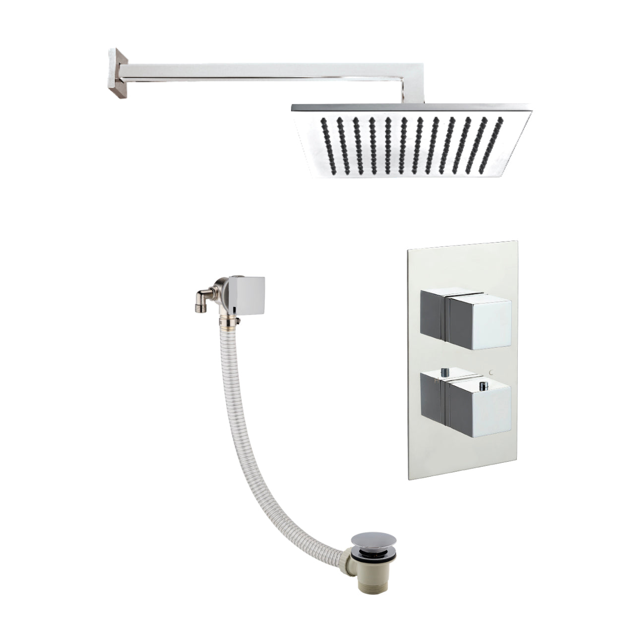Just Taps Plus Athena 2 Outlets Shower Valve, Slimline Exofil Click Clack Shower Arm, 400mm, Overhead Shower 200mm