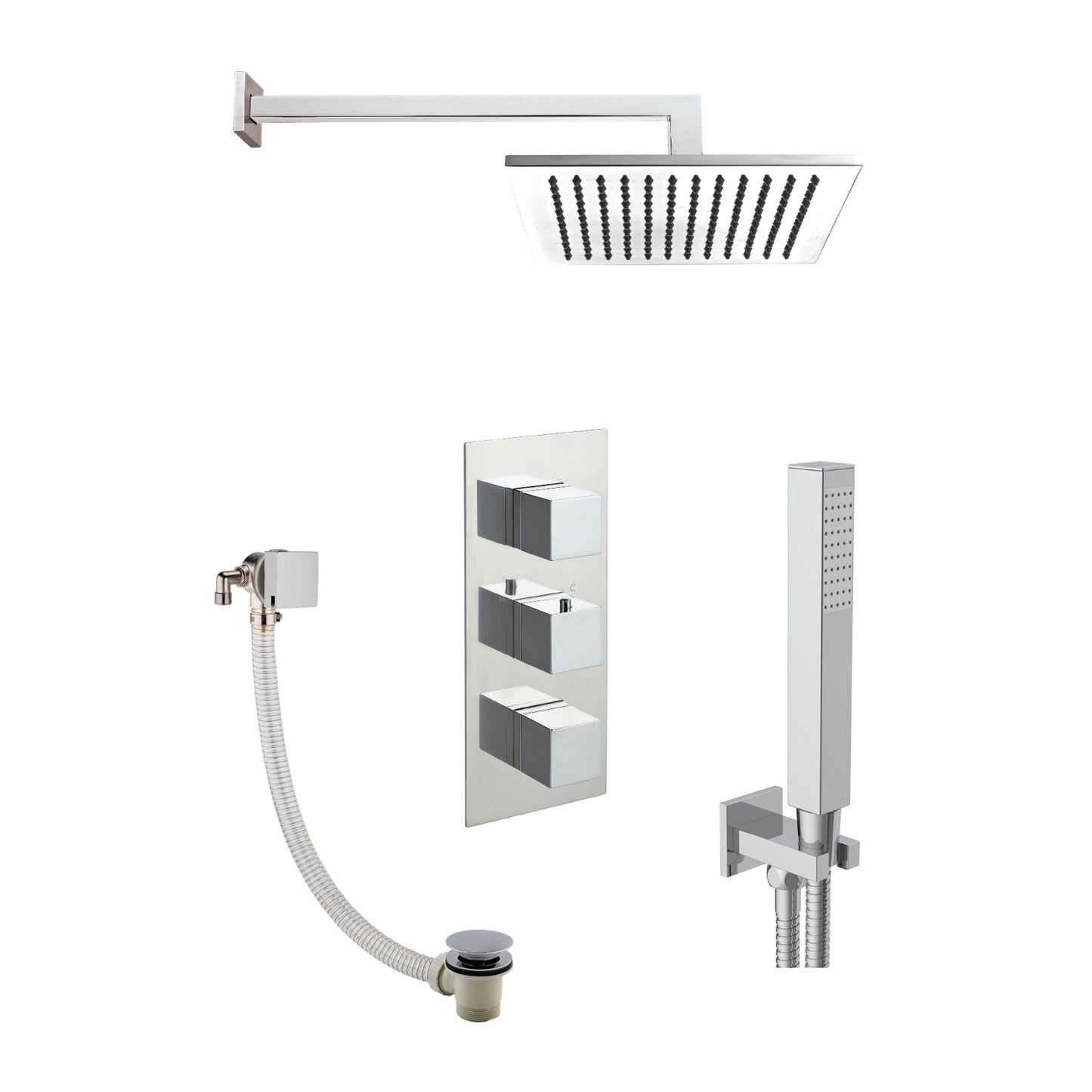 Just Taps Plus Athena 3 Outlets Shower Valve, Slimline Exofil Click Clack, Square Shower Arm, 400mm, Overhead Shower 200mm x 200mm Water Outlet and Holder