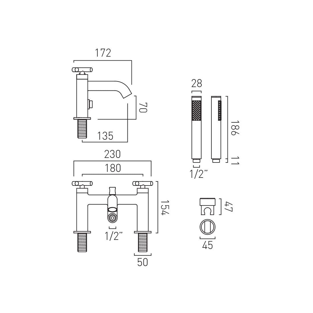 Vado Elements Deck Mounted Bath Shower Mixer and Kit