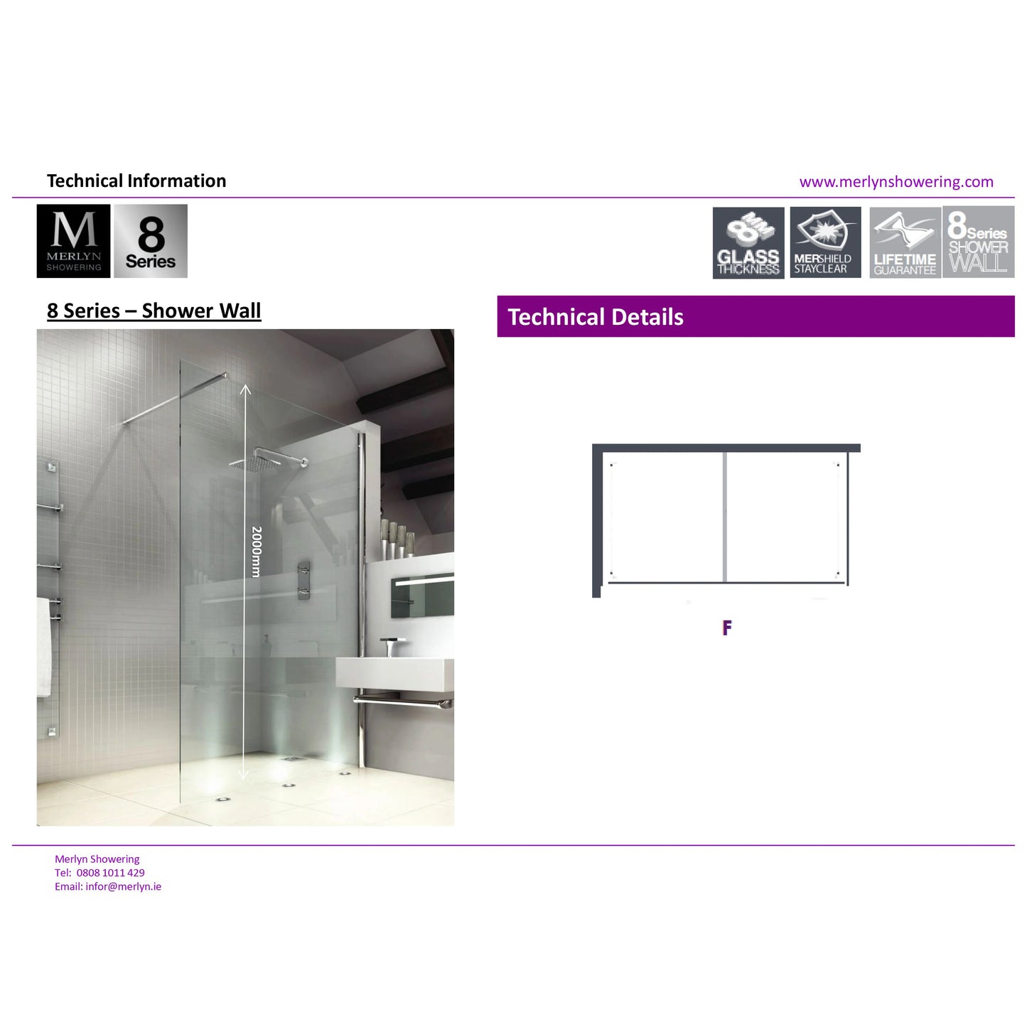 Merlyn 8 Series Walk-In Wetroom Shower Panel 800mm Polished Chrome Frame With Clear Glass