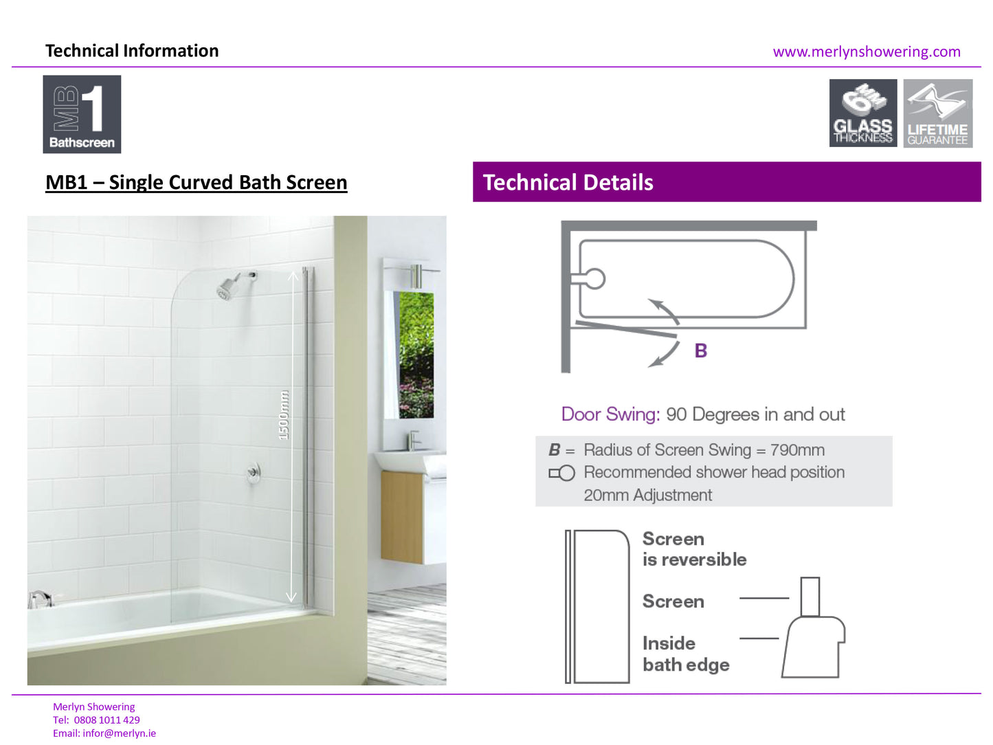 Merlyn Single Curved Bath Shower Screen
