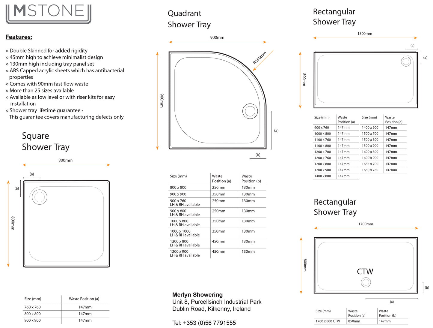 Merlyn MStone 1500 x 800mm Rectangular Shower Tray Including Chrome Fast Flow Waste