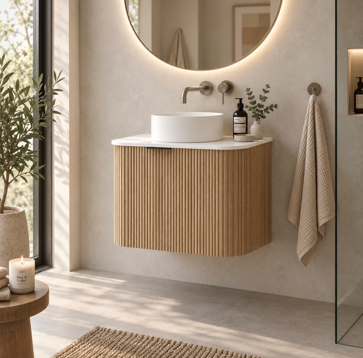 LUXE81 Marloe 600 Oak Cabinet With Carrara Top and Matte Flute Basin