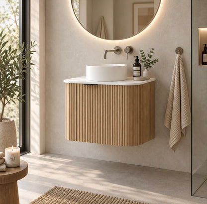 LUXE81 Marloe 600 Oak Cabinet With Carrara Top and Matte Flute Basin