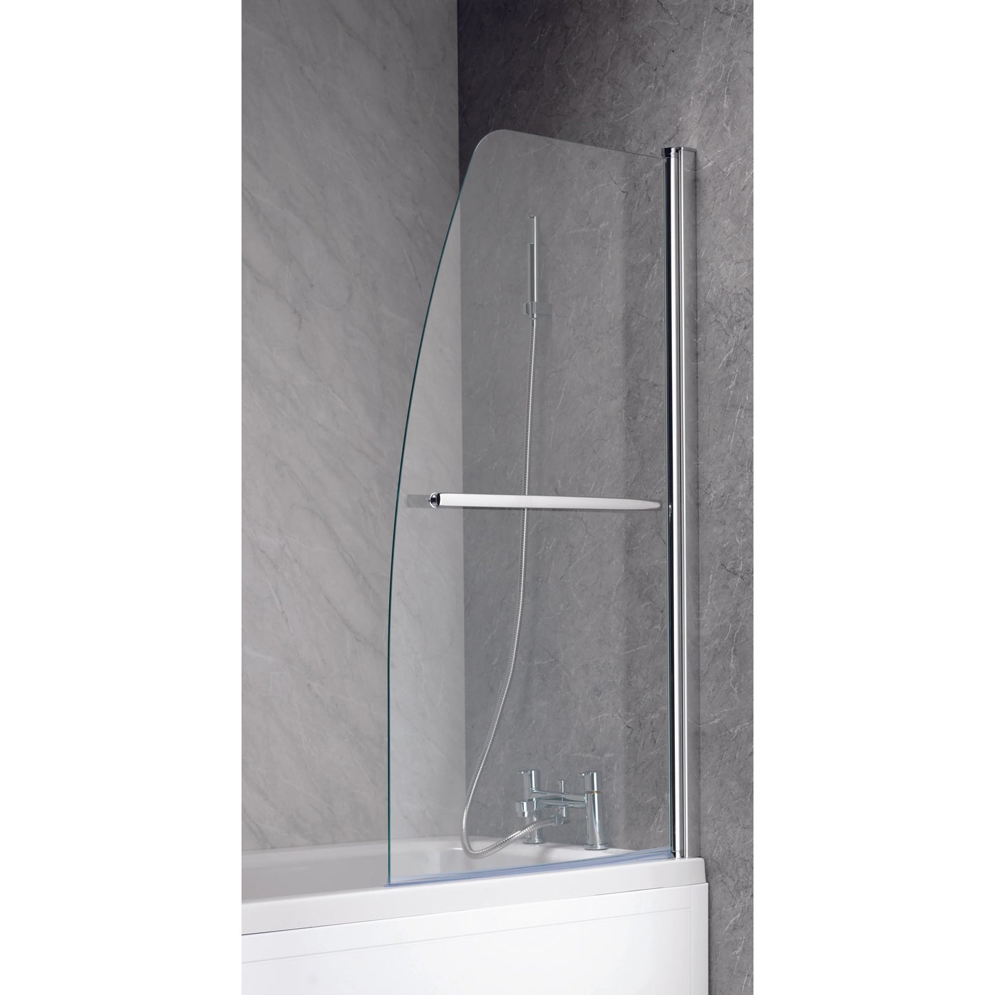 Ascent Half Sail 6mm Curved Hinged Bath Screen Silver Frame, Clear Glass With Towel Bar