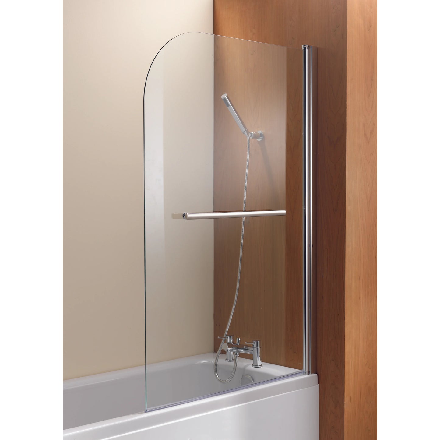 Ascent Radius 6mm Curved Hinged Bath Screen Silver Frame, Clear Glass With Towel Bar