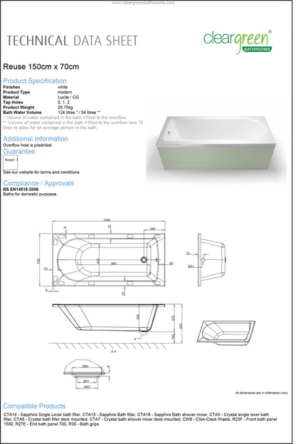 ClearGreen Reuse 1500 x 700mm Acrylic Single Ended Bath