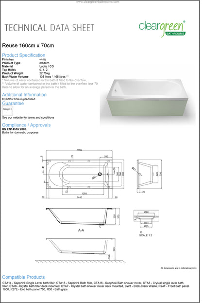ClearGreen Reuse 1600 x 700mm Acrylic Single Ended Bath