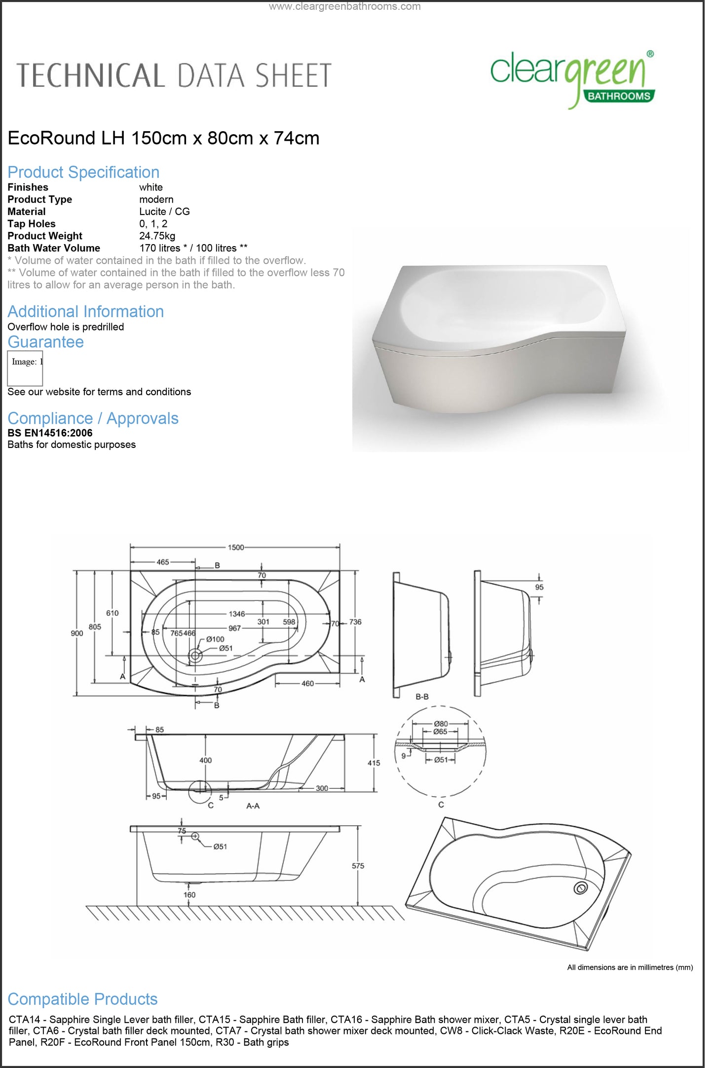 ClearGreen EcoRound 1500 x 800mm Left Handed Acrylic Shower