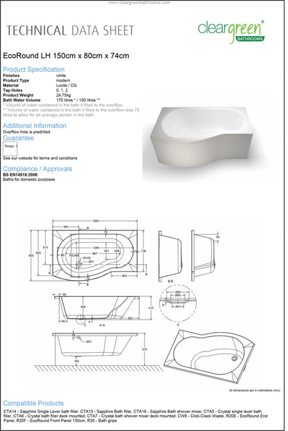 ClearGreen EcoRound 1500 x 800mm Left Handed Acrylic Shower