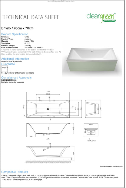 ClearGreen Enviro 1700 x 700mm Acrylic Double Ended Bath