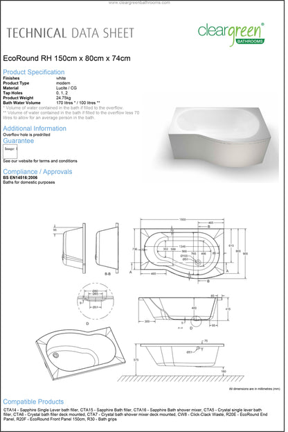 ClearGreen EcoRound 1500 x 800mm Right Handed Acrylic Shower