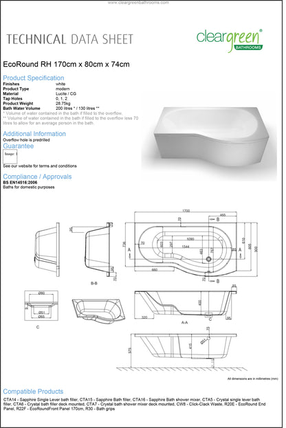 ClearGreen EcoRound 1700 x 800mm Right Handed Acrylic Shower