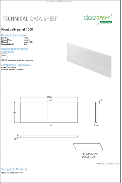 ClearGreen Front bath panel 1500mm for Bathroom - White