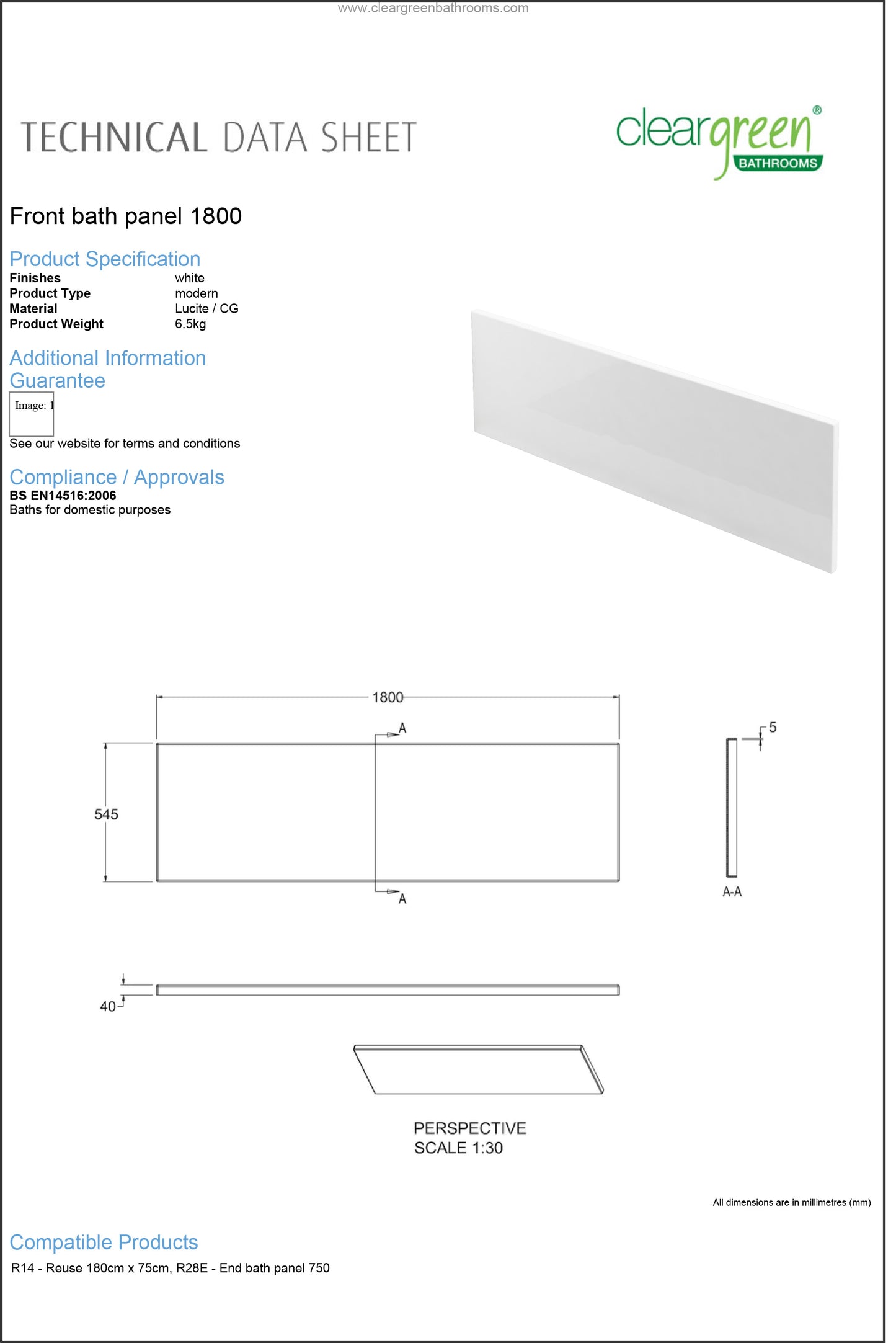 ClearGreen Front bath panel 1800mm in White for Bathroom