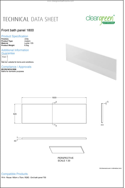 ClearGreen Front bath panel 1800mm in White for Bathroom