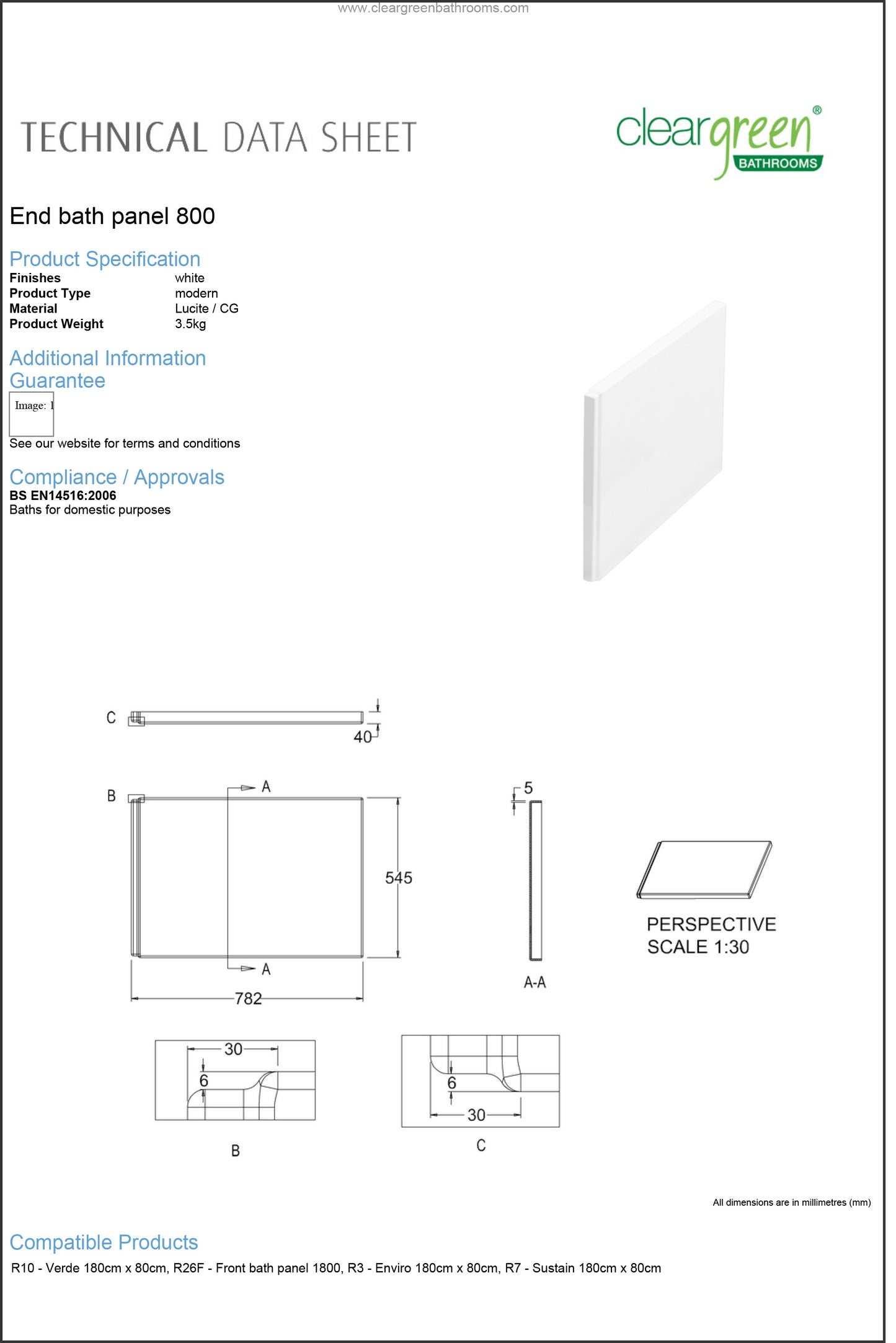 ClearGreen End bath panel 800mm for Bathroom - White
