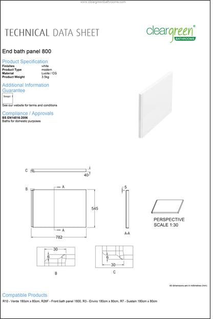 ClearGreen End bath panel 800mm for Bathroom - White