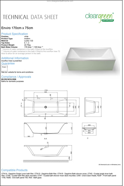 ClearGreen Enviro 1700 x 750mm Acrylic Double Ended Bath