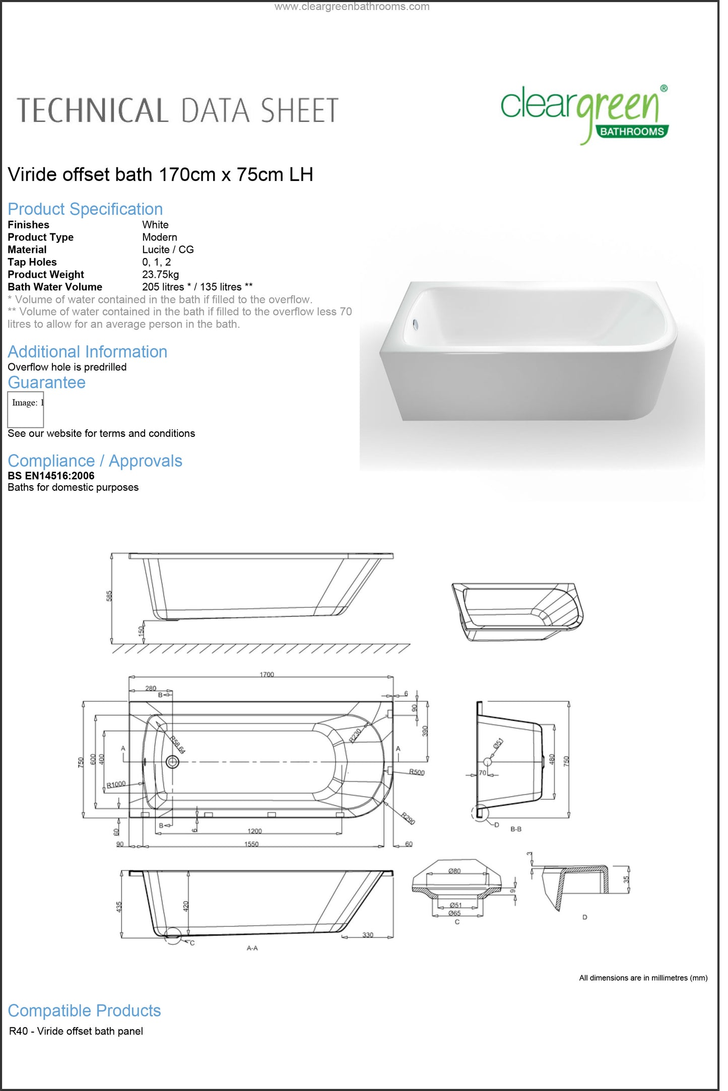 ClearGreen Virde Offset Bath 1700 x 750mm Left hand - White