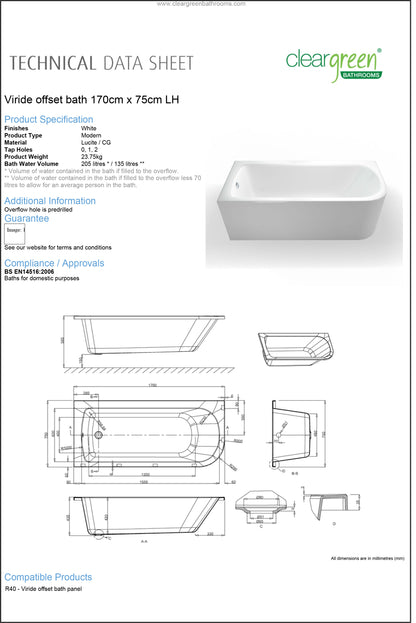 ClearGreen Virde Offset Bath 1700 x 750mm Left hand - White