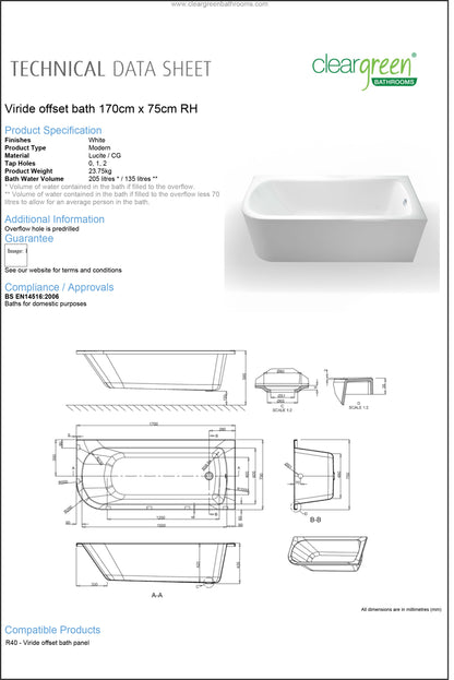 ClearGreen Virde Offset Bath 1700 x 750mm Right hand - White