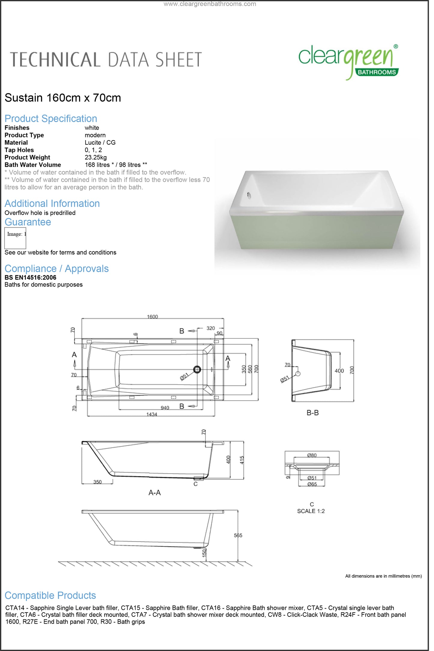 ClearGreen Sustain 1600 x 700mm Acrylic Single Ended Bath