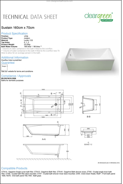 ClearGreen Sustain 1600 x 700mm Acrylic Single Ended Bath