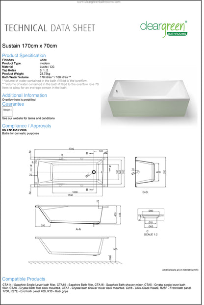 ClearGreen Sustain 1700 x 700mm Acrylic Single Ended Bath
