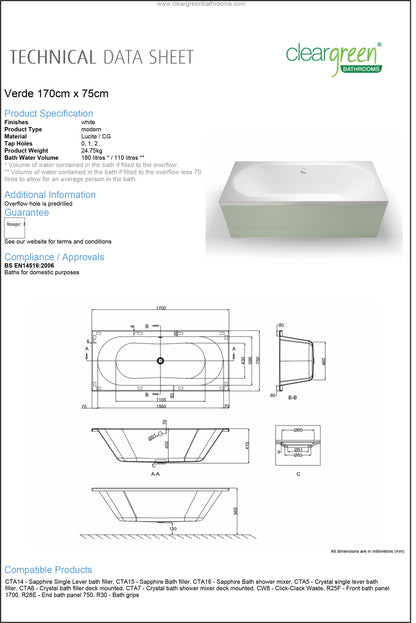 ClearGreen Verde 1700 x 750mm Acrylic Double Ended Bath