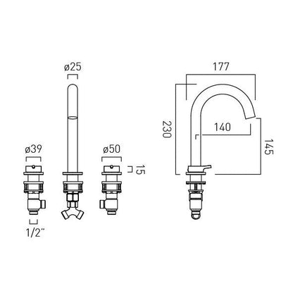 Vado Safari Lever Three Hole Deck Mounted Basin Mixer for Low Pressure System