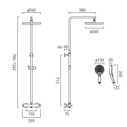 Vado Safari Lever Wall Mounted Exposed Thermostatic Shower Column with MF Handset and Easyfit Brackets