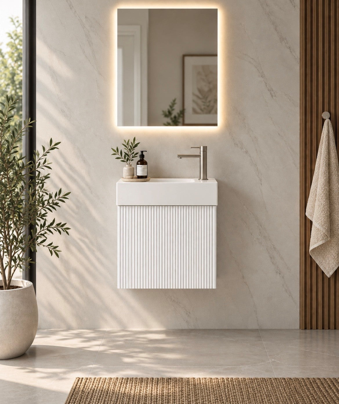 RIO 450 1 Door Matt White Flute Cabinet and Basin