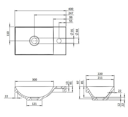 Alo 400 x 220mm Countertop Rectangular Stone Resin Basin