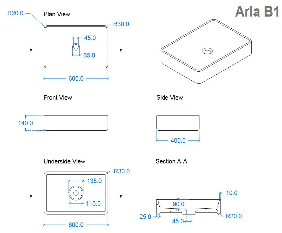 Kast Arla 600 x 400 mm Square Concrete Countertop Basin