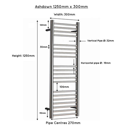 JIS Ashdown 1250 x 300mm Stainless Steel Heated Towel Rail