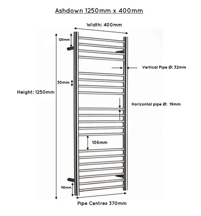 JIS Ashdown 1250 x 400mm Stainless Steel Heated Towel Rail