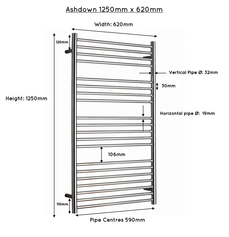 JIS Ashdown 1250 x 620mm Stainless Steel Heated Towel Rail