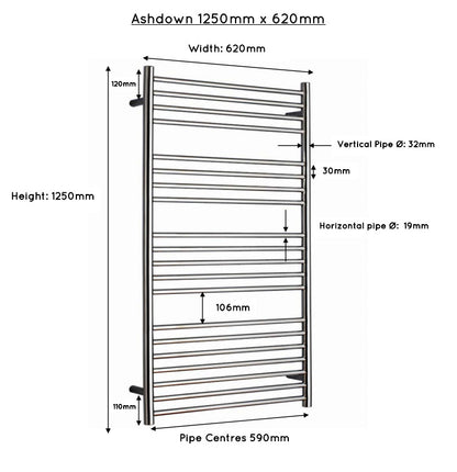 JIS Ashdown 1250 x 620mm Stainless Steel Heated Towel Rail