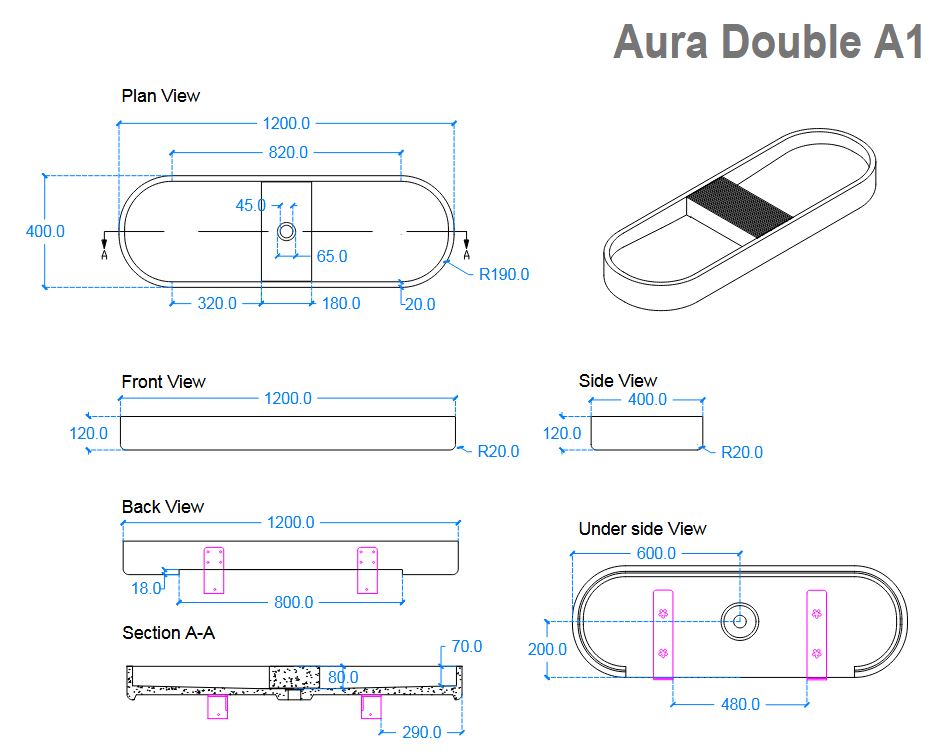 Kast Aura Double Basin 1200mm x 400mm (choose colour)
