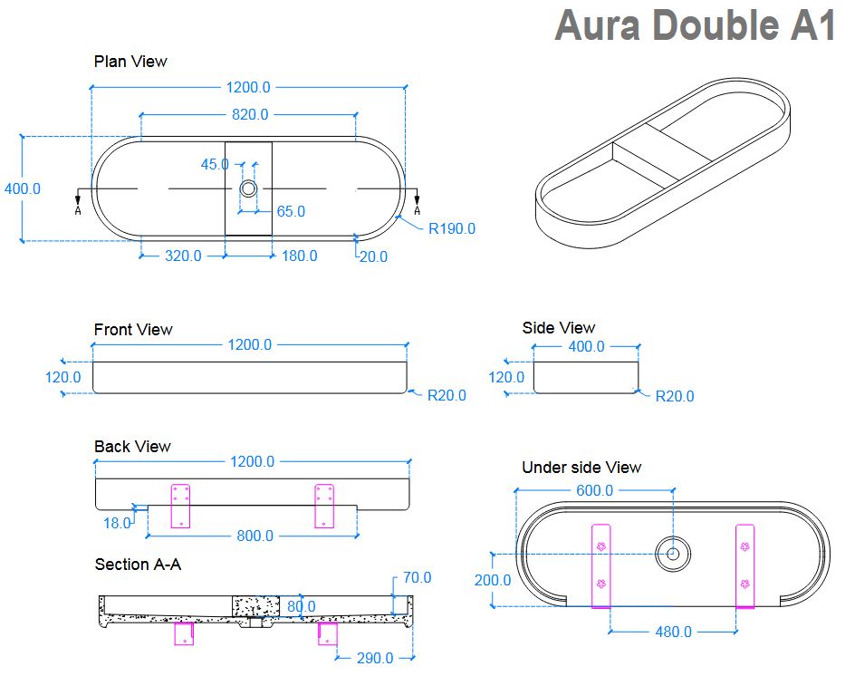 Kast Aura Double Basin 1200mm x 400mm (choose colour)
