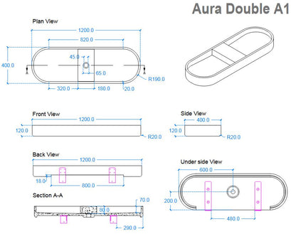 Kast Aura Double Basin 1200mm x 400mm (choose colour)