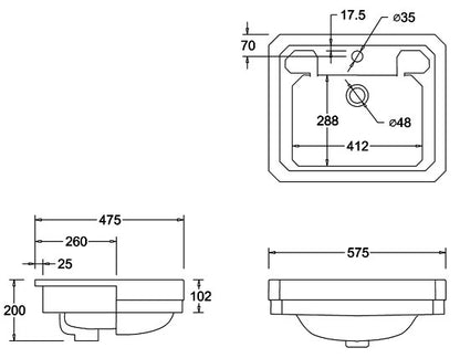 Burlington 575 x 475 3TH Semi-Recessed Basin