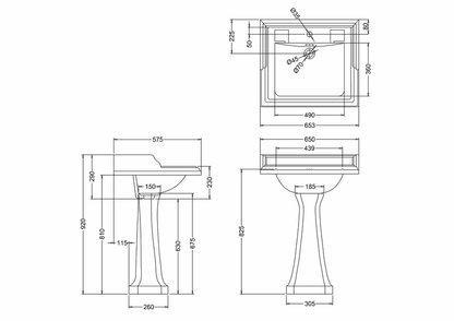 Burlington Classic 650 mm Basin w/ Full Pedestal 3 Tap Hole