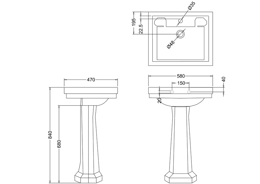 Burlington 580mm 3 Tap Hole Basin With Full Pedestal