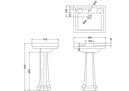 Burlington 580mm 3 Tap Hole Basin With Full Pedestal