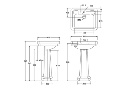 Burlington Victorian Basin With Full Pedestal 560mm 3 Tap Hole