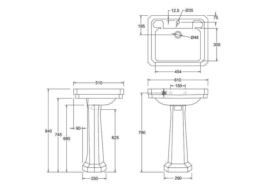 Burlington Victorian 610mm 1 Tap Hole Basin w/ Full Pedestal